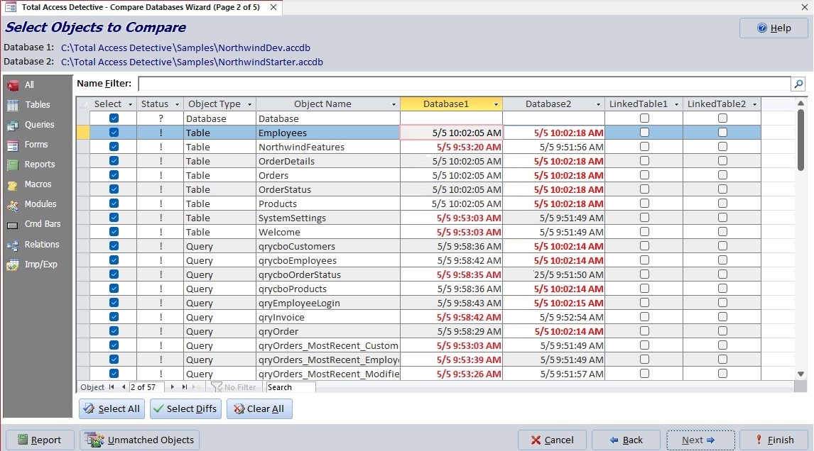 Select Among the Identically Named Objects for More Detailed Comparison