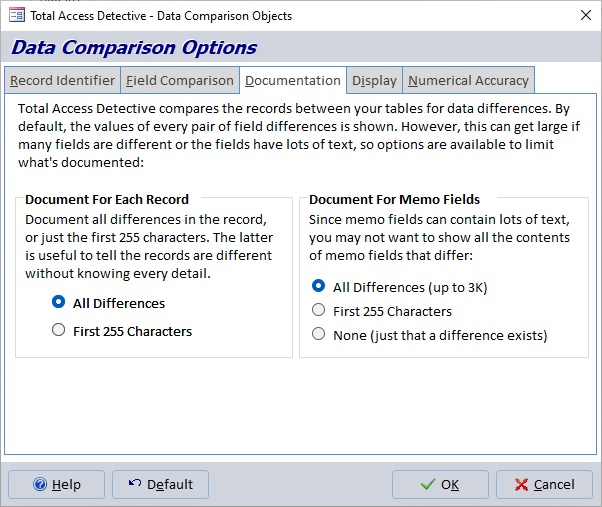 When modified records are found, specify how much of the field differences are shown