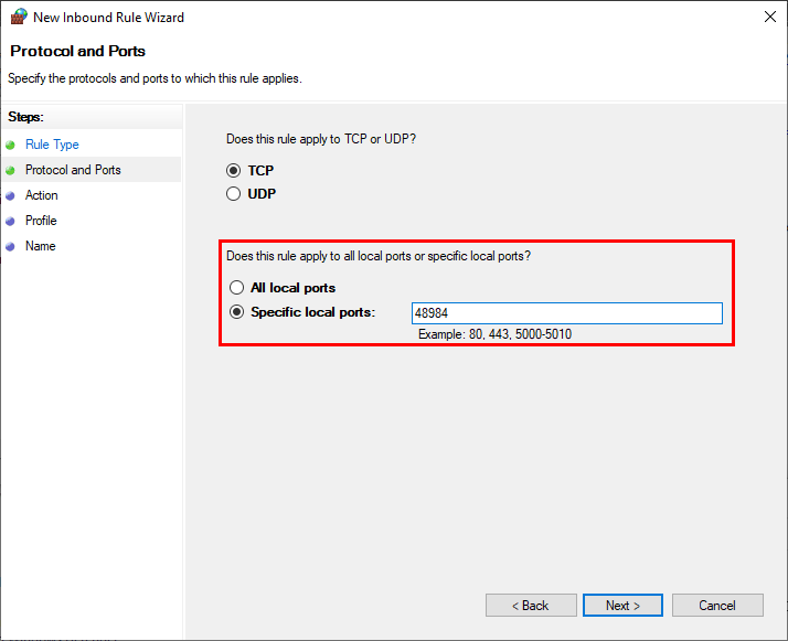 New Inbound Rule Wizard TCP Port Number