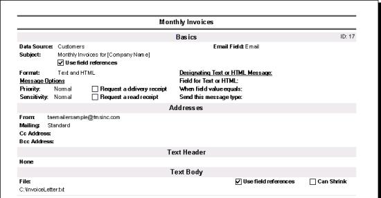 Email blast report of specifications