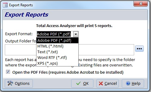 Export Reports to Multiple File Formats: such as Adobe PDF, HTML, Snapshot, Text, RTF, or XPS