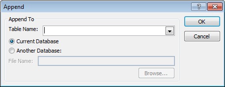Microsoft Access Append Query Dialog for the Table Name to Insert Records