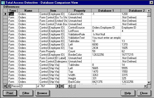 Microsoft Access Object Differences at the Property and Control level